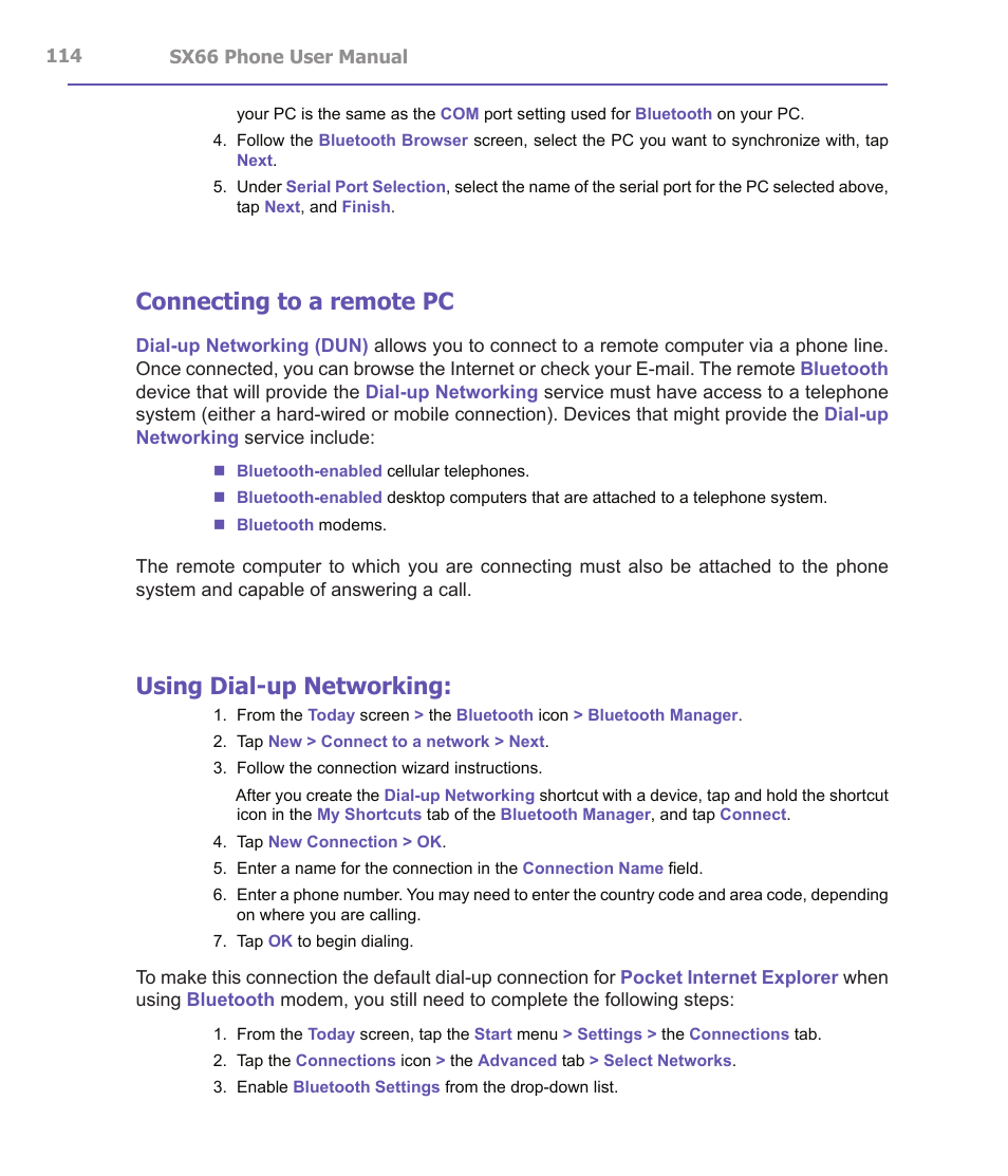 Connecting to a remote pc, Using dial-up networking | Siemens SX66 User Manual | Page 114 / 179