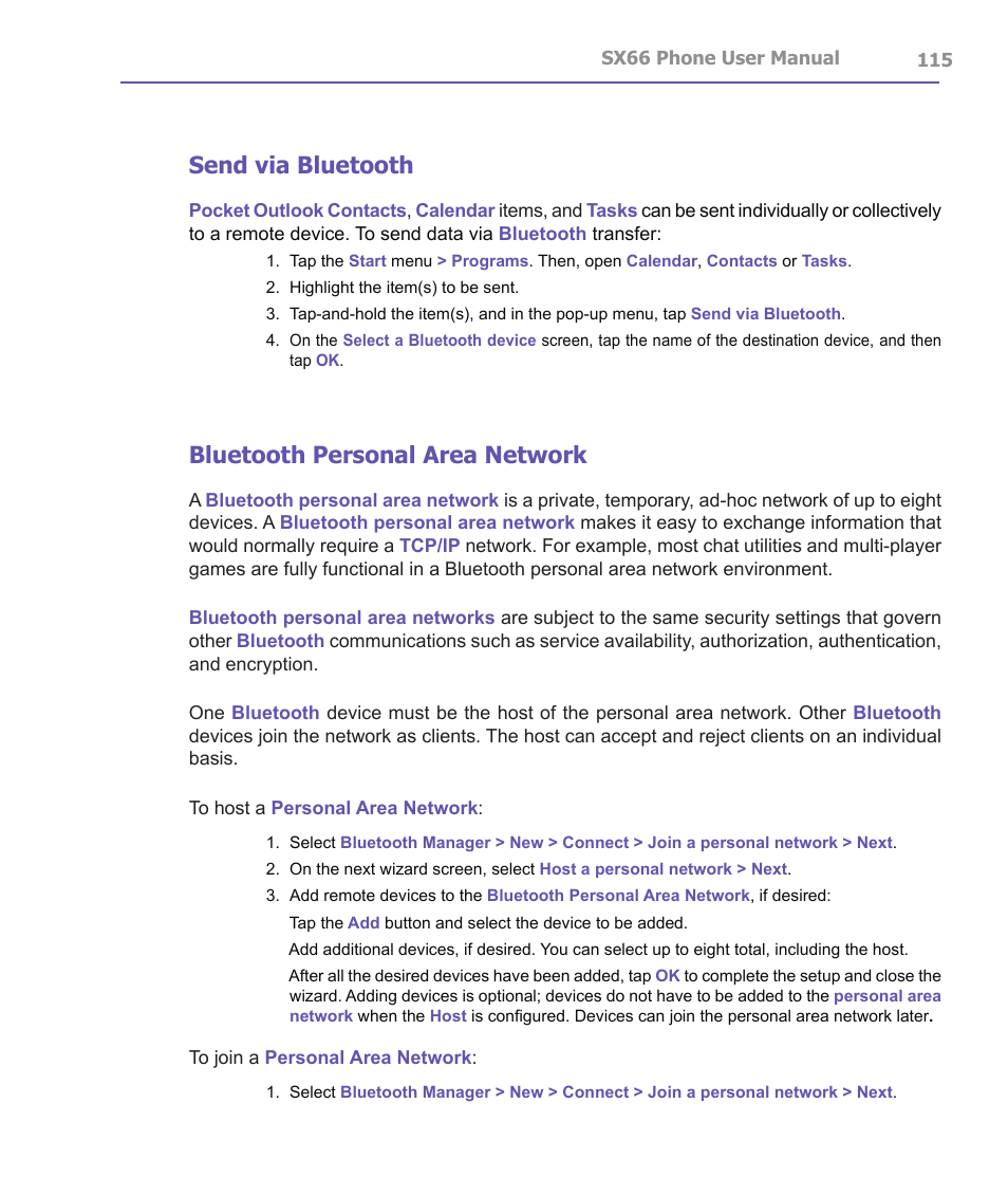 Send via bluetooth, Bluetooth personal area network | Siemens SX66 User Manual | Page 115 / 179