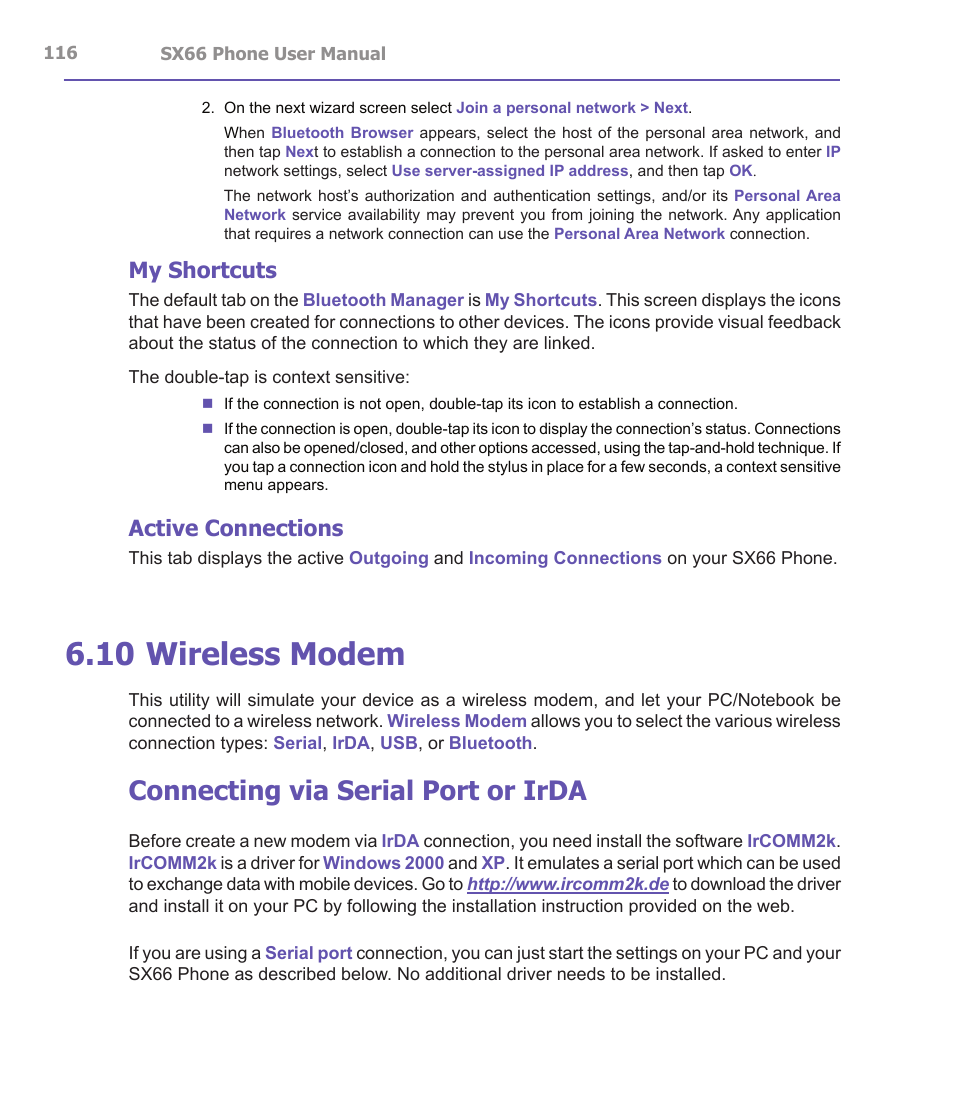 10 wireless modem, Connecting via serial port or irda, My shortcuts | Active connections | Siemens SX66 User Manual | Page 116 / 179