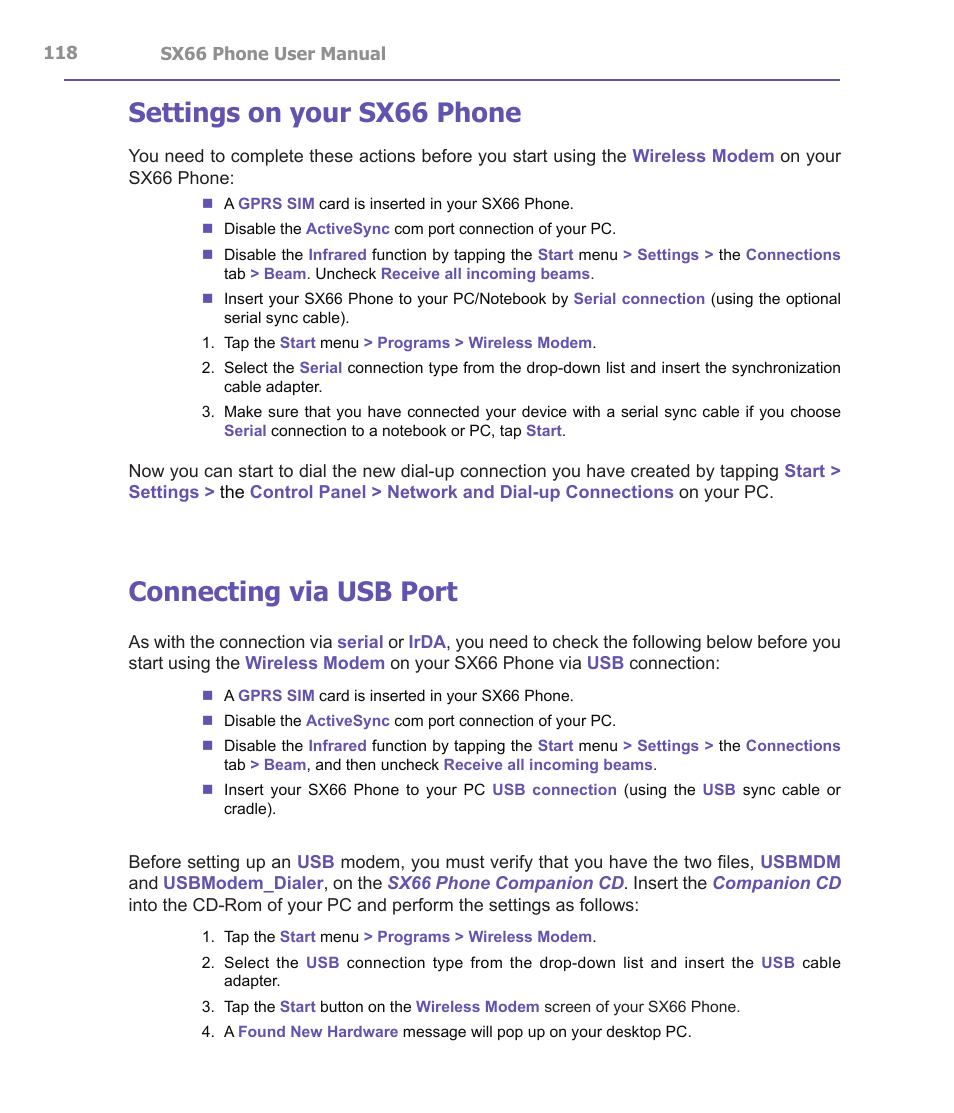 Settings on your sx66 phone, Connecting via usb port | Siemens SX66 User Manual | Page 118 / 179