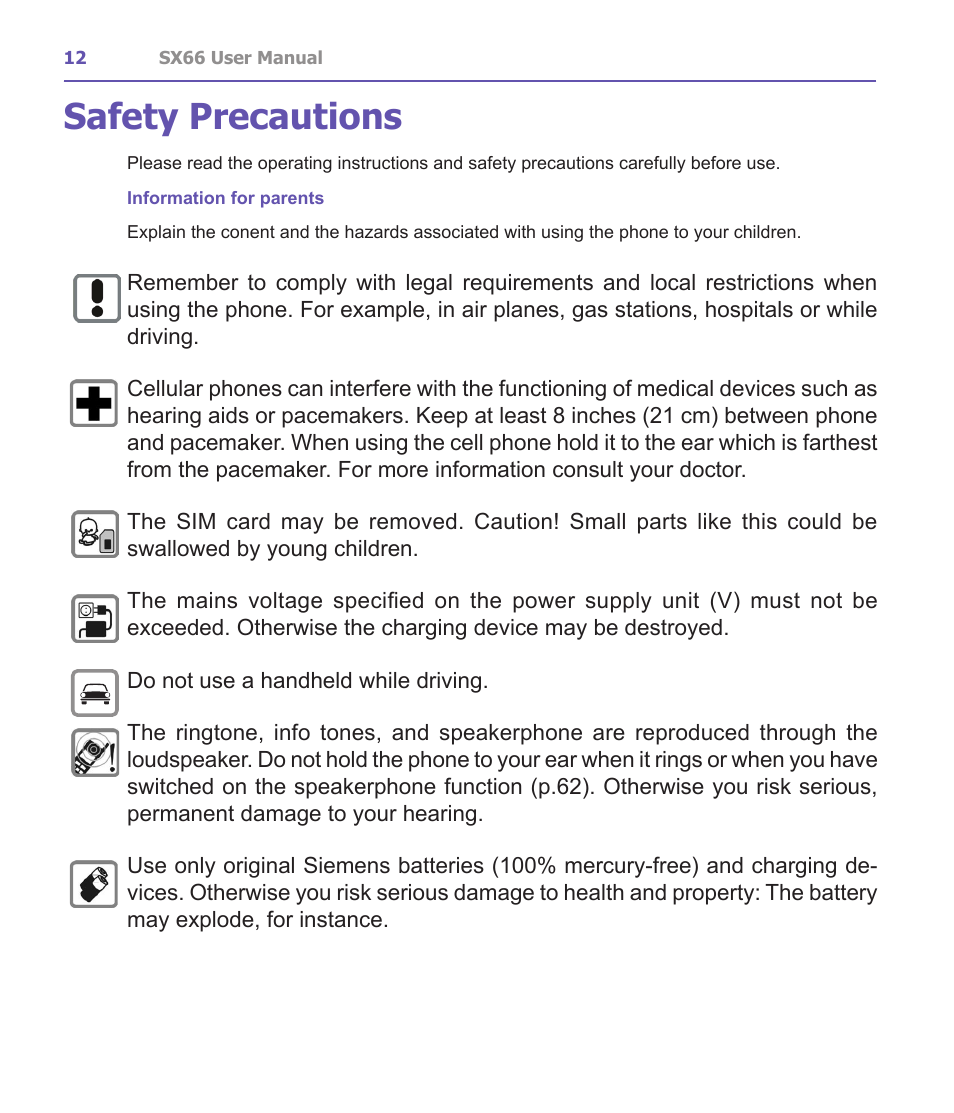 Safety precautions | Siemens SX66 User Manual | Page 12 / 179