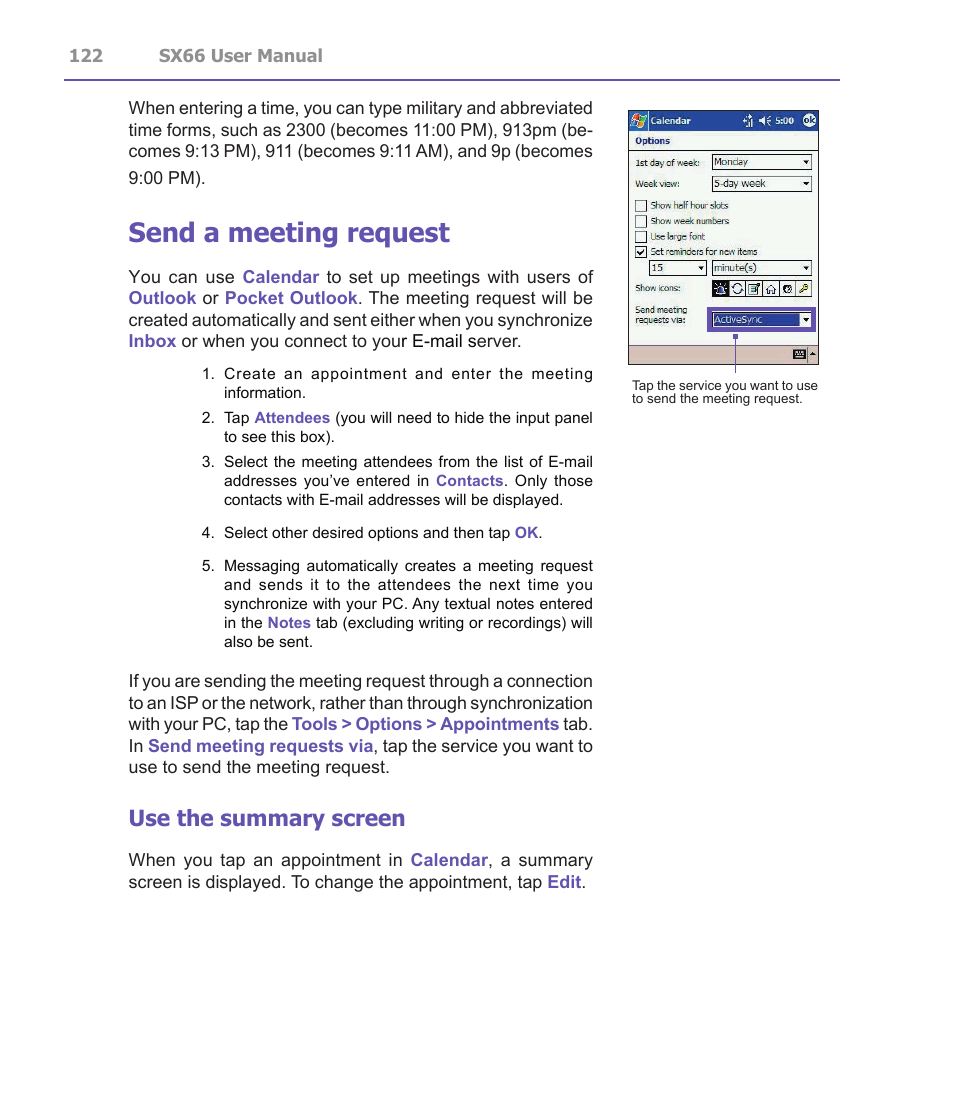 Send a meeting request, Use the summary screen | Siemens SX66 User Manual | Page 122 / 179