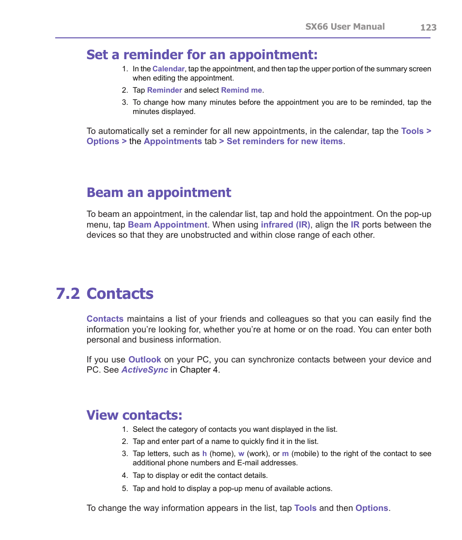2 contacts, Set a reminder for an appointment, Beam an appointment | View contacts | Siemens SX66 User Manual | Page 123 / 179