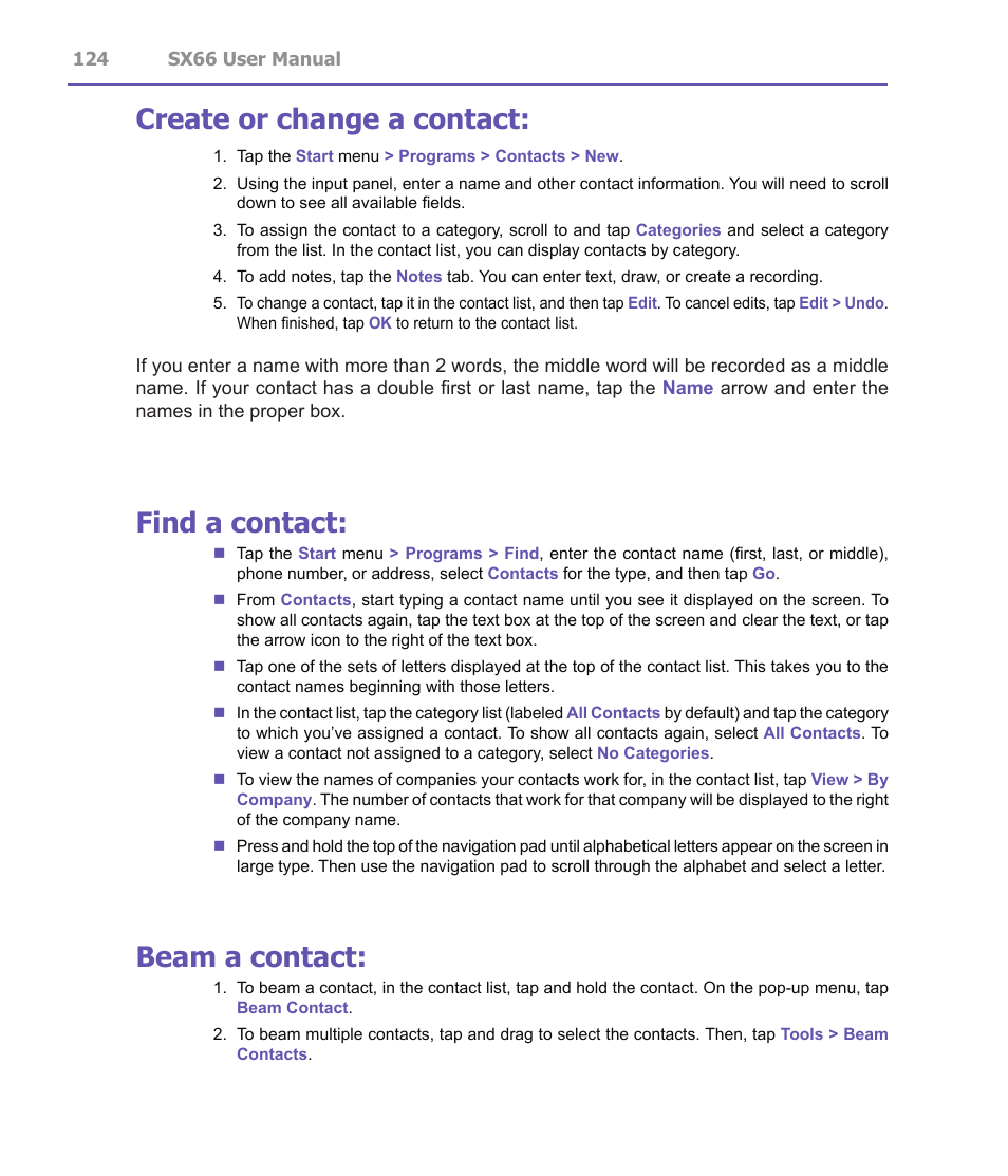 Create or change a contact, Find a contact, Beam a contact | Siemens SX66 User Manual | Page 124 / 179