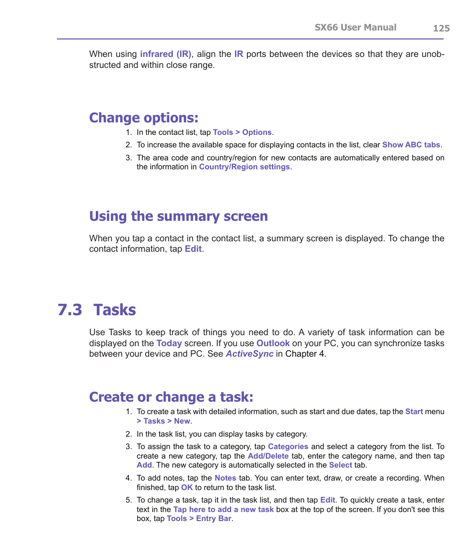 3 tasks, Change options, Using the summary screen | Create or change a task | Siemens SX66 User Manual | Page 125 / 179