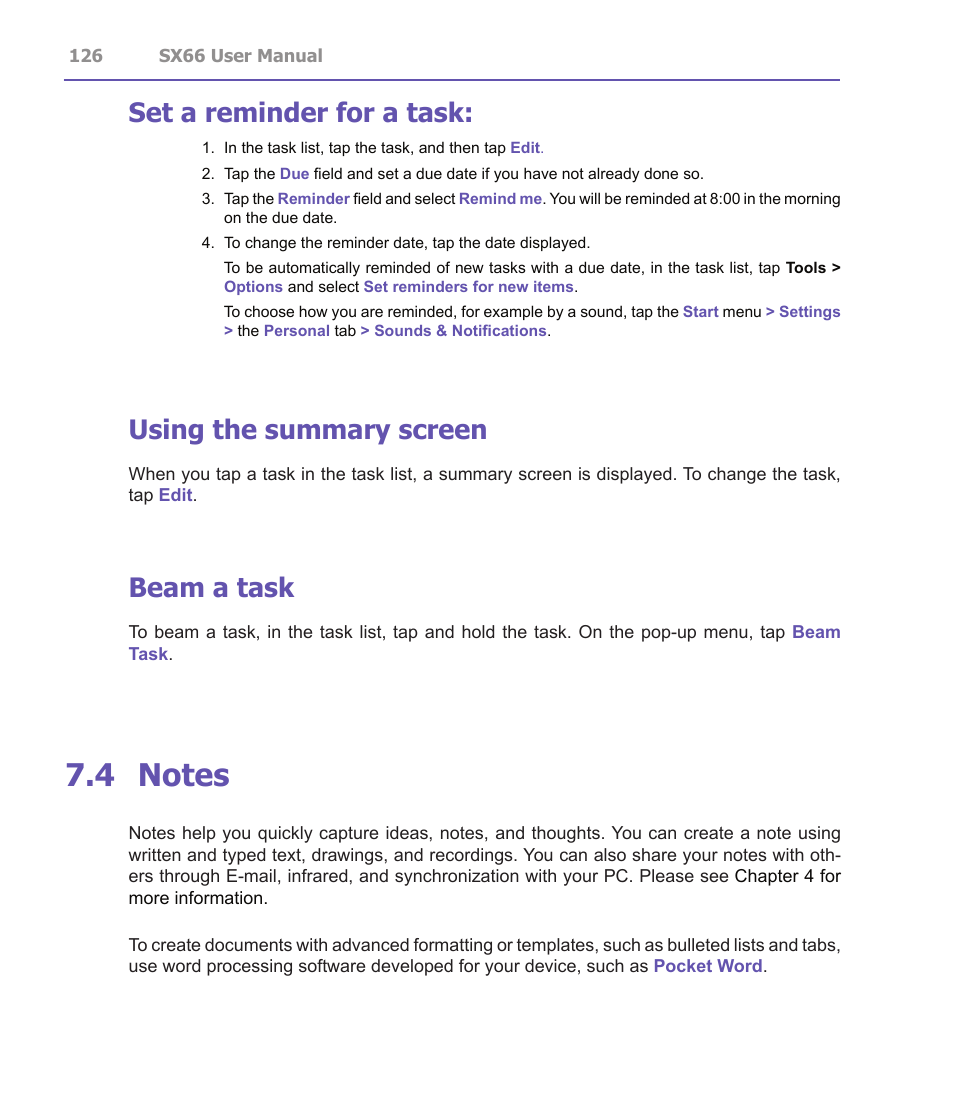 Set a reminder for a task, Using the summary screen, Beam a task | Siemens SX66 User Manual | Page 126 / 179