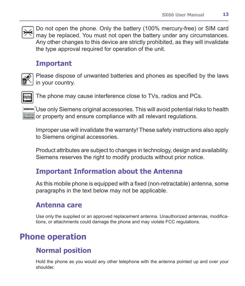 Phone operation, Important, Important information about the antenna | Antenna care, Normal position | Siemens SX66 User Manual | Page 13 / 179