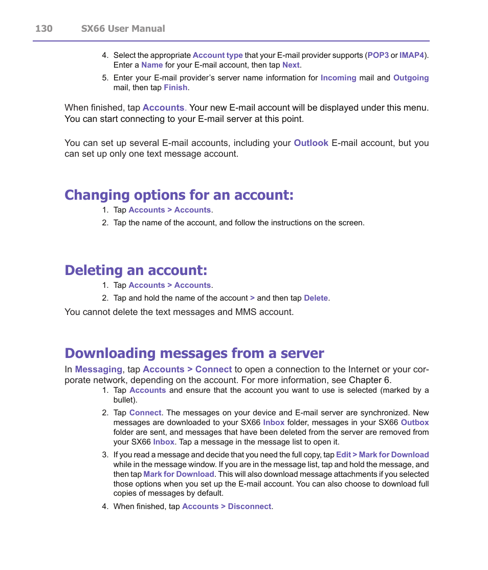 Changing options for an account, Deleting an account, Downloading messages from a server | Siemens SX66 User Manual | Page 130 / 179