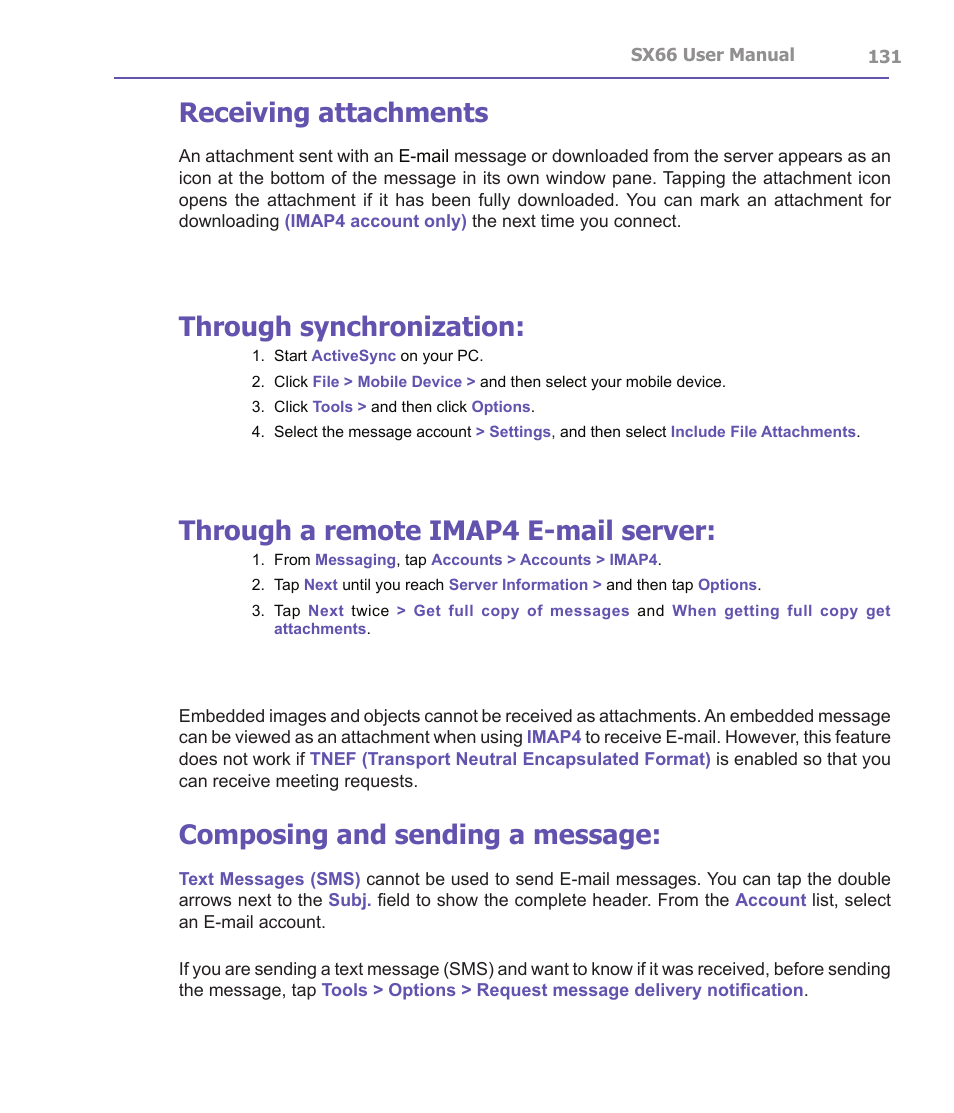 Receiving attachments, Through synchronization, Through a remote imap4 e-mail server | Composing and sending a message | Siemens SX66 User Manual | Page 131 / 179