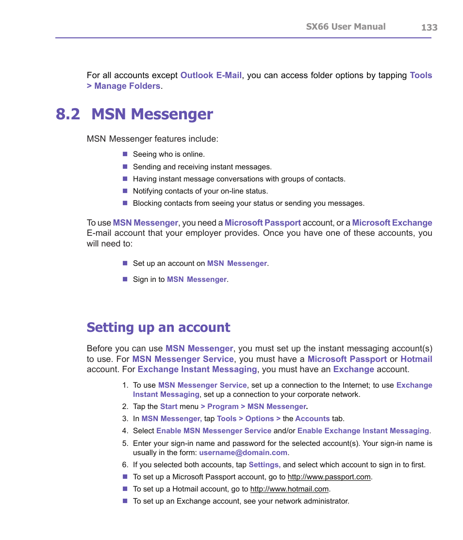 2 msn messenger, Setting up an account | Siemens SX66 User Manual | Page 133 / 179