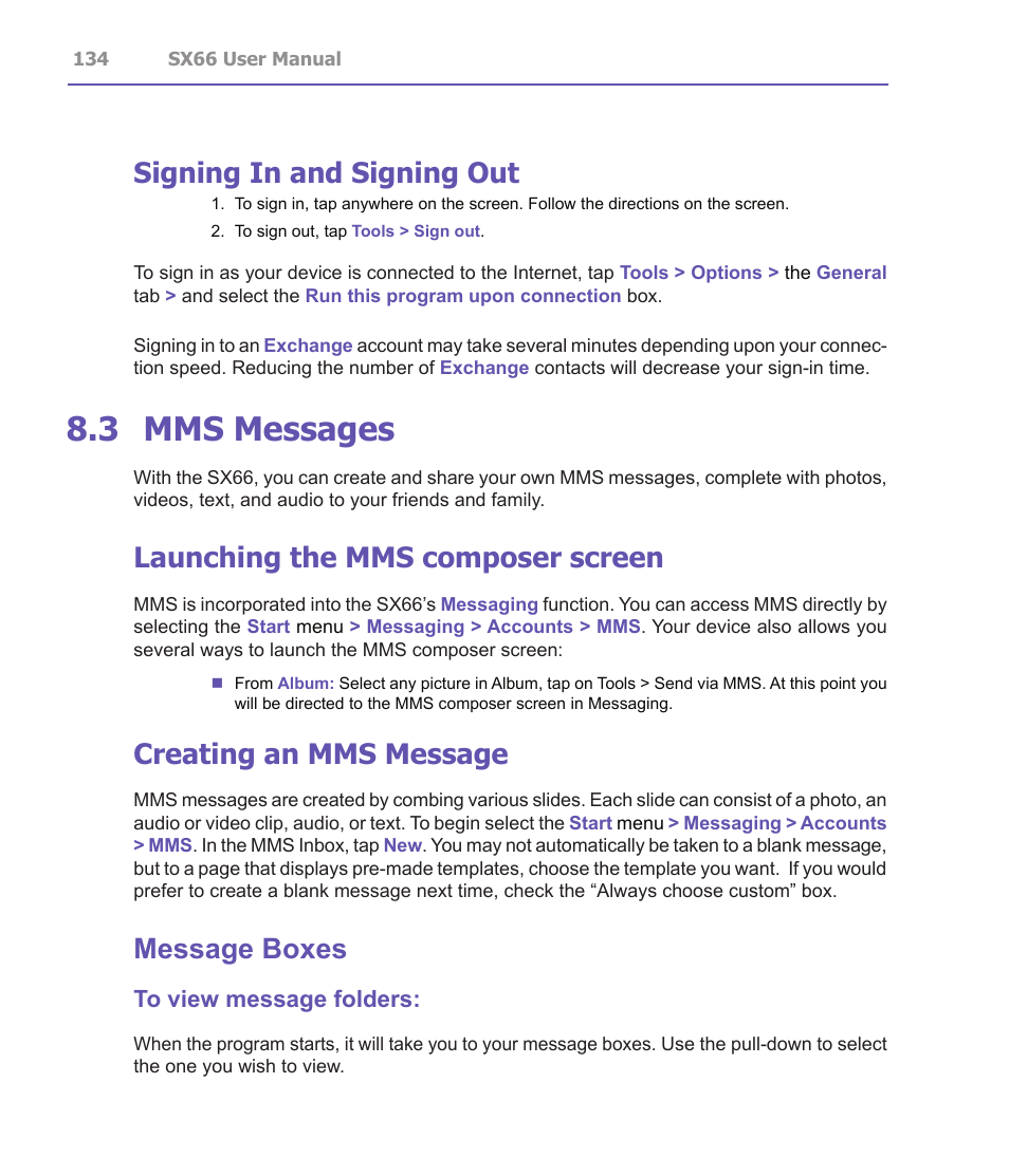 3 mms messages, Signing in and signing out, Launching the mms composer screen | Creating an mms message, Message boxes | Siemens SX66 User Manual | Page 134 / 179