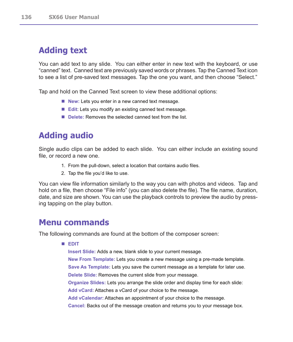 Adding text, Adding audio, Menu commands | Siemens SX66 User Manual | Page 136 / 179