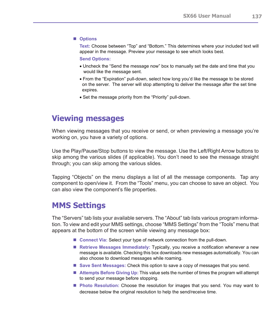 Viewing messages, Mms settings | Siemens SX66 User Manual | Page 137 / 179