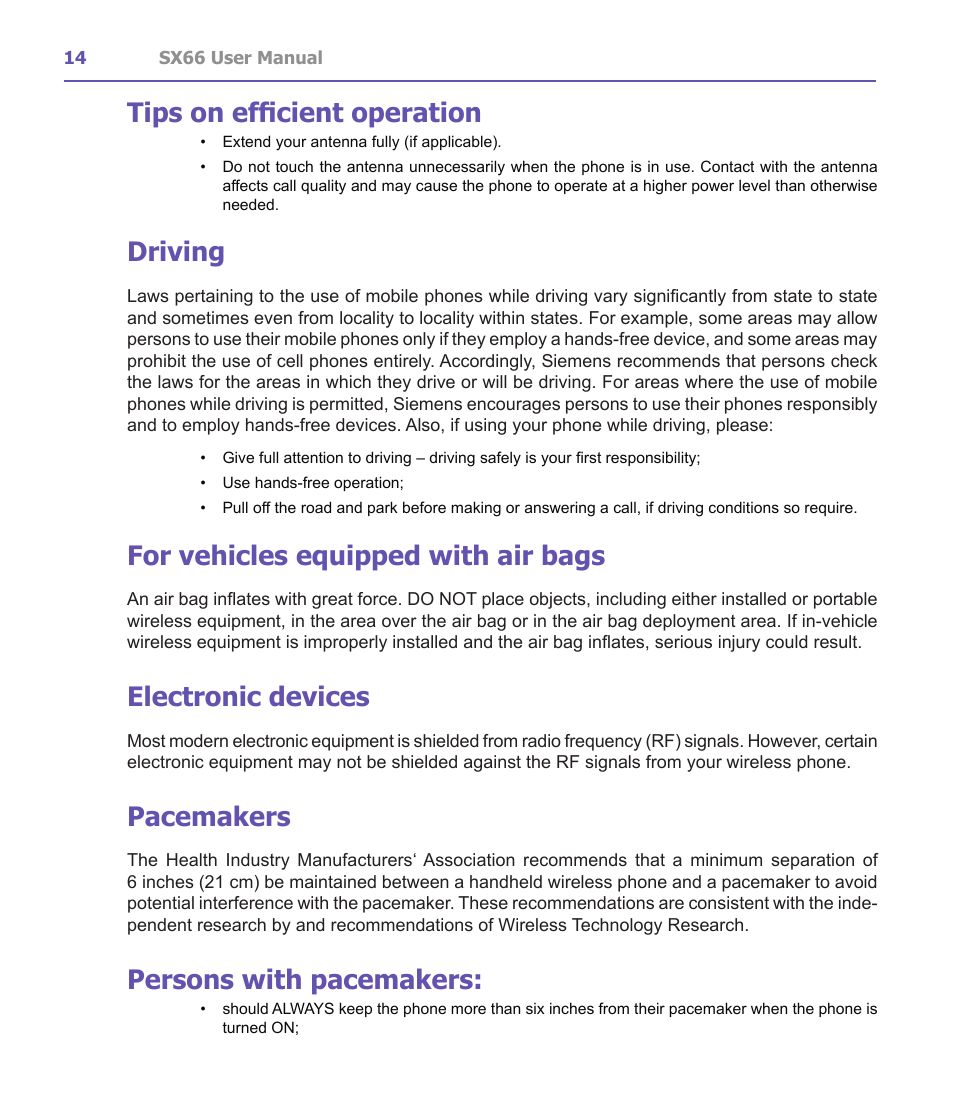 Tips on efficient operation, Driving, For vehicles equipped with air bags | Electronic devices, Pacemakers, Persons with pacemakers | Siemens SX66 User Manual | Page 14 / 179