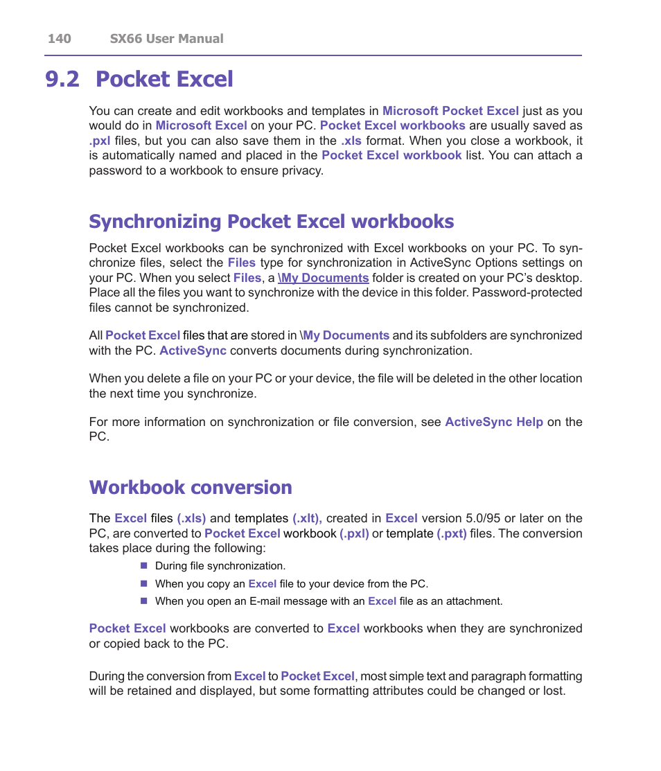 2 pocket excel, Synchronizing pocket excel workbooks, Workbook conversion | Siemens SX66 User Manual | Page 140 / 179