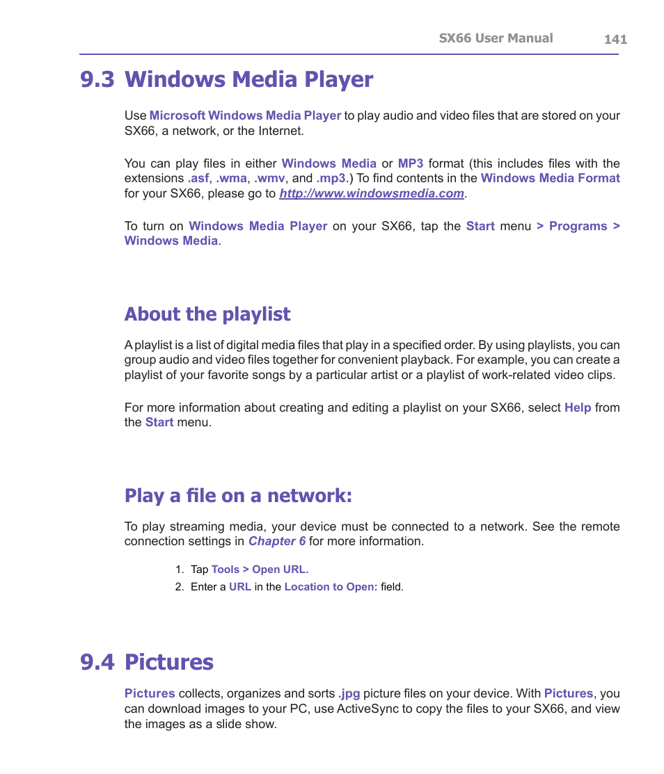 3 windows media player, 4 pictures, About the playlist | Play a file on a network | Siemens SX66 User Manual | Page 141 / 179