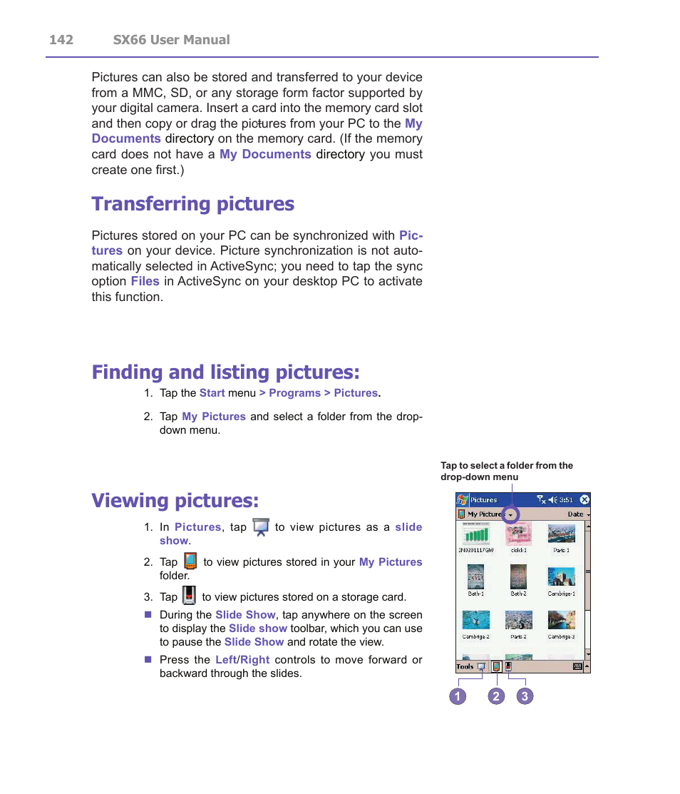 Transferring pictures, Finding and listing pictures, Viewing pictures | Siemens SX66 User Manual | Page 142 / 179