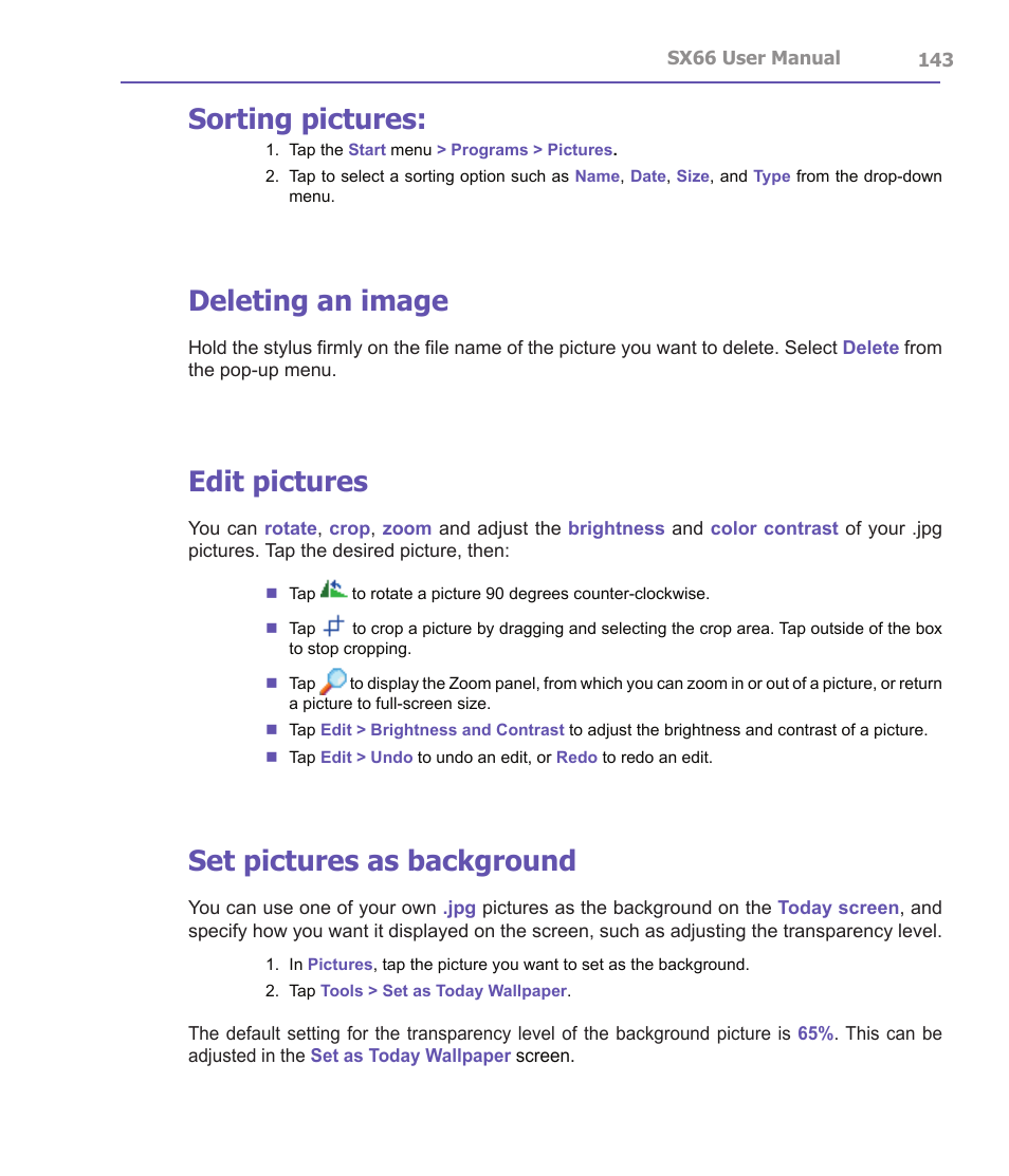 Sorting pictures, Deleting an image, Edit pictures | Set pictures as background | Siemens SX66 User Manual | Page 143 / 179