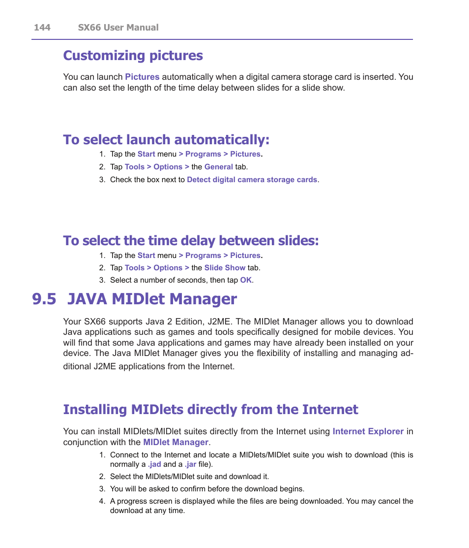 5 java midlet manager, Customizing pictures, Installing midlets directly from the internet | Siemens SX66 User Manual | Page 144 / 179