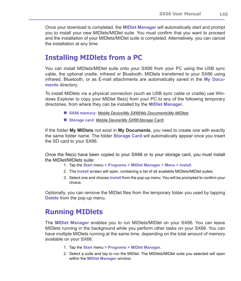 Installing midlets from a pc, Running midlets | Siemens SX66 User Manual | Page 145 / 179