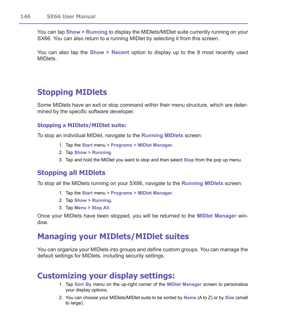 Stopping midlets, Managing your midlets/midlet suites, Customizing your display settings | Stopping all midlets | Siemens SX66 User Manual | Page 146 / 179