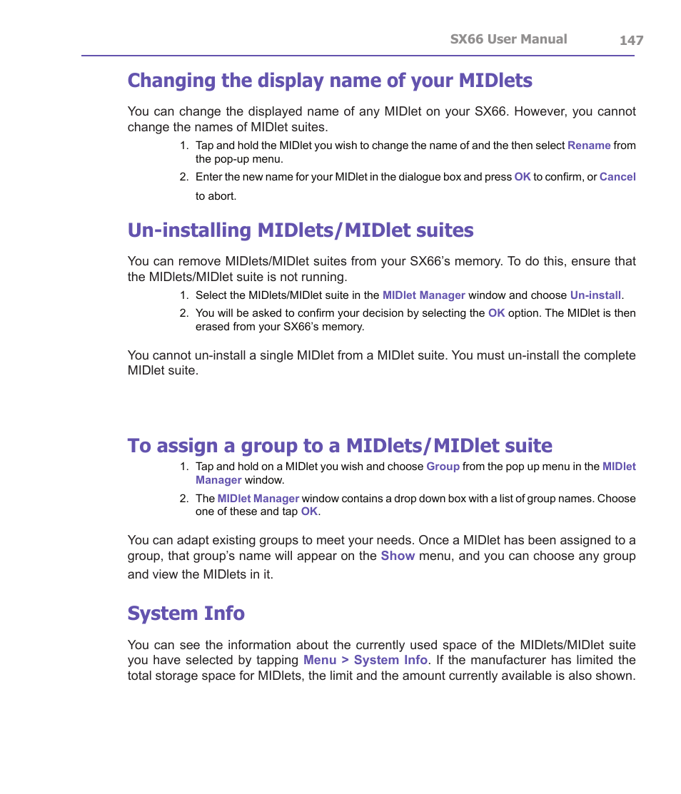 Changing the display name of your midlets, Un-installing midlets/midlet suites, System info | Siemens SX66 User Manual | Page 147 / 179