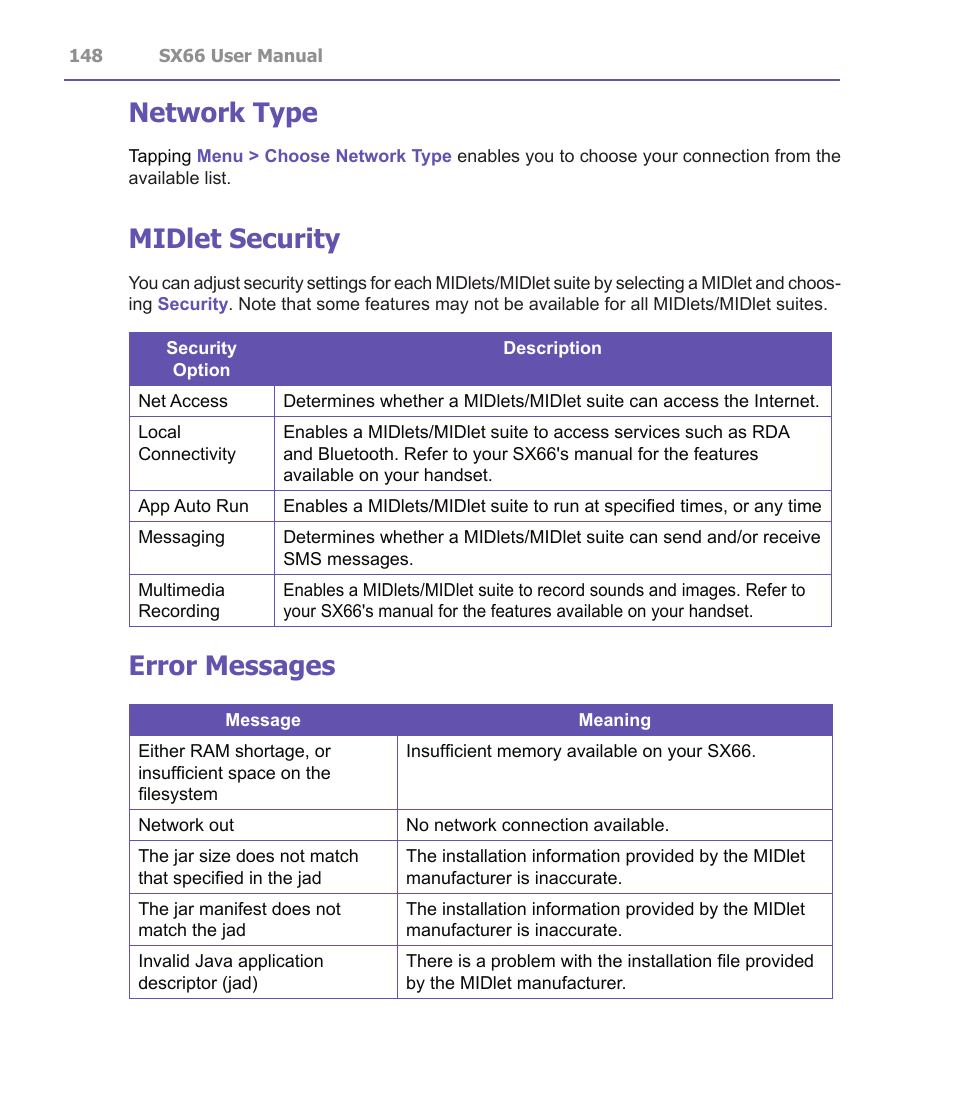 Network type, Midlet security, Error messages | Siemens SX66 User Manual | Page 148 / 179