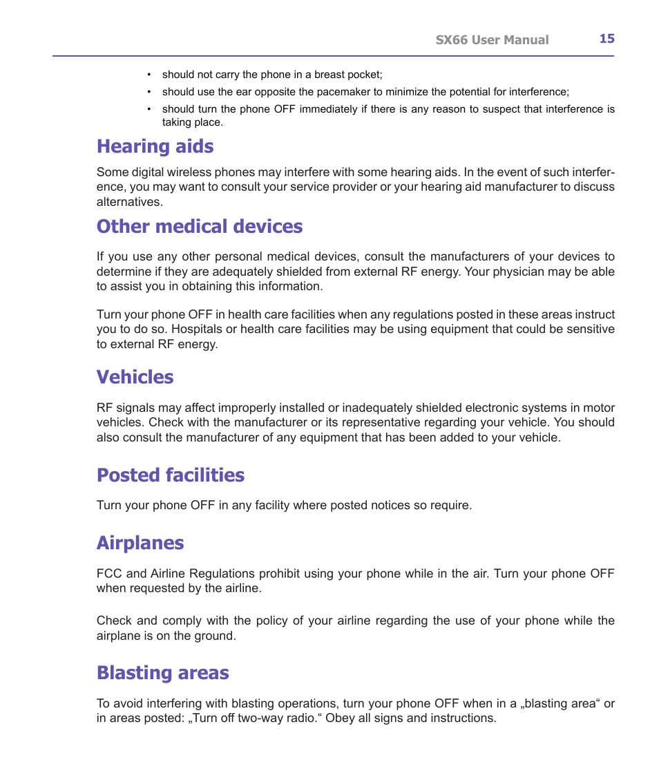 Hearing aids, Other medical devices, Vehicles | Posted facilities, Airplanes, Blasting areas | Siemens SX66 User Manual | Page 15 / 179