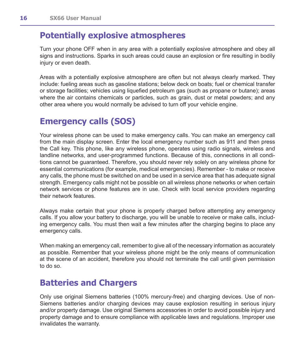 Potentially explosive atmospheres, Emergency calls (sos), Batteries and chargers | Siemens SX66 User Manual | Page 16 / 179