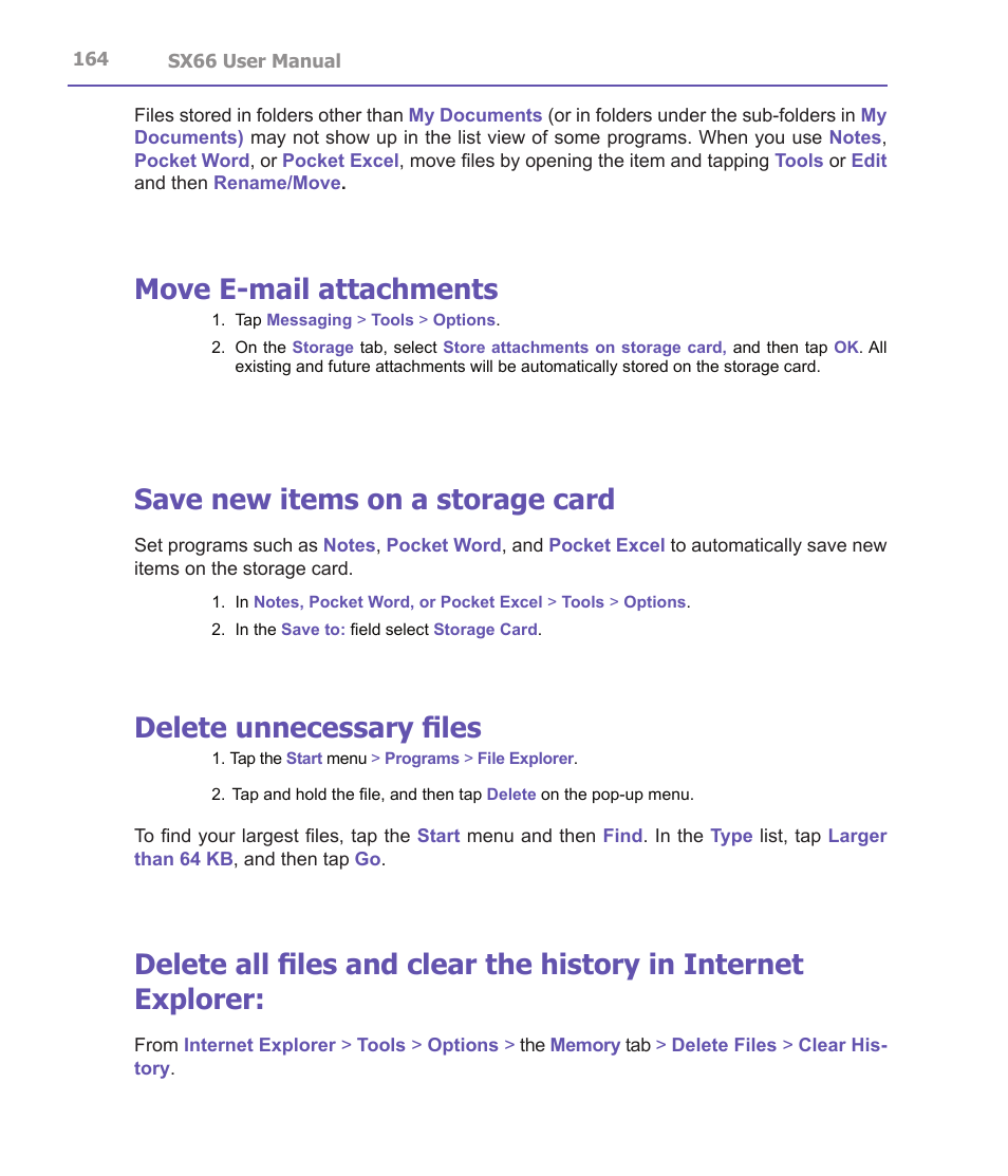 Move e-mail attachments, Save new items on a storage card, Delete unnecessary files | Siemens SX66 User Manual | Page 164 / 179