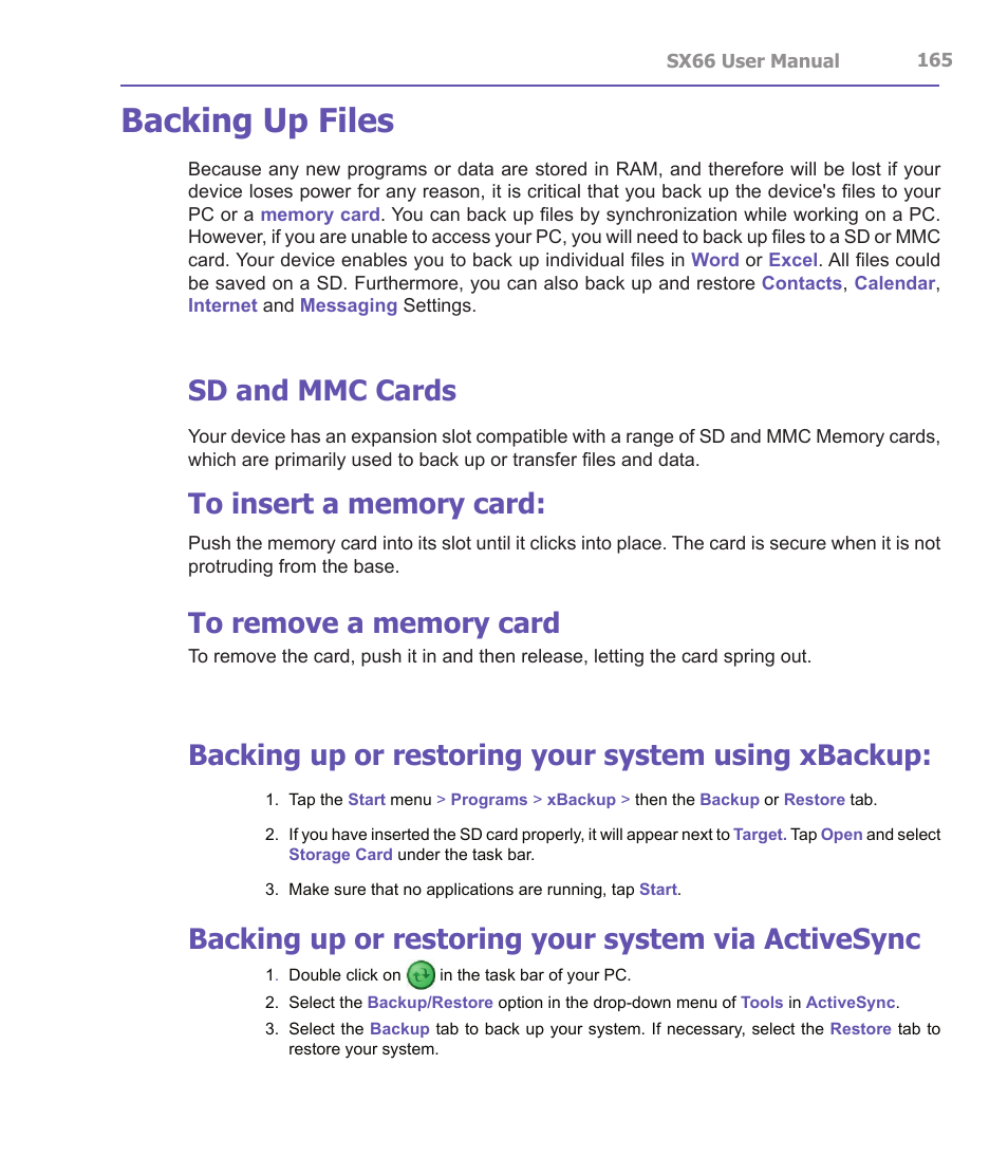 Backing up files, Sd and mmc cards, Backing up or restoring your system using xbackup | Backing up or restoring your system via activesync | Siemens SX66 User Manual | Page 165 / 179