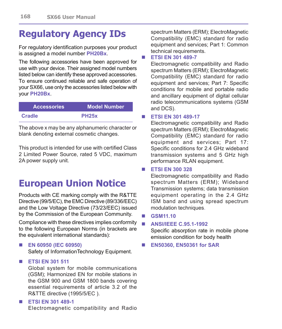 Regulatory agency ids, European union notice | Siemens SX66 User Manual | Page 168 / 179