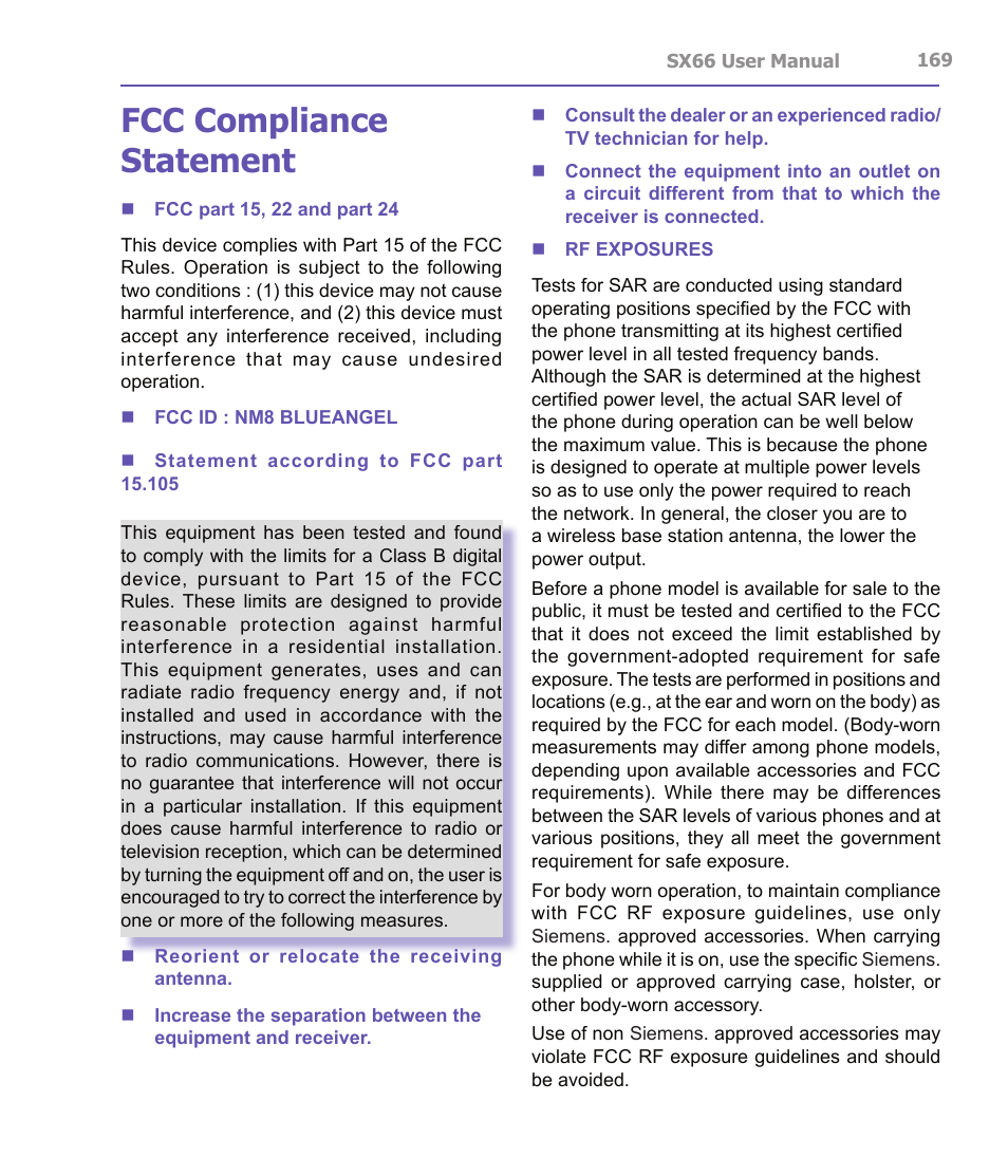 Fcc compliance statement | Siemens SX66 User Manual | Page 169 / 179