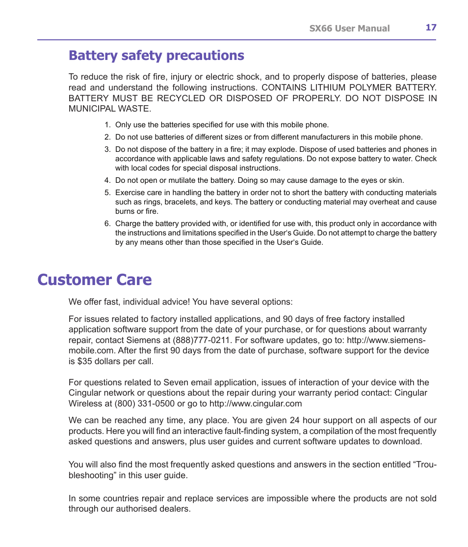 Customer care, Battery safety precautions | Siemens SX66 User Manual | Page 17 / 179