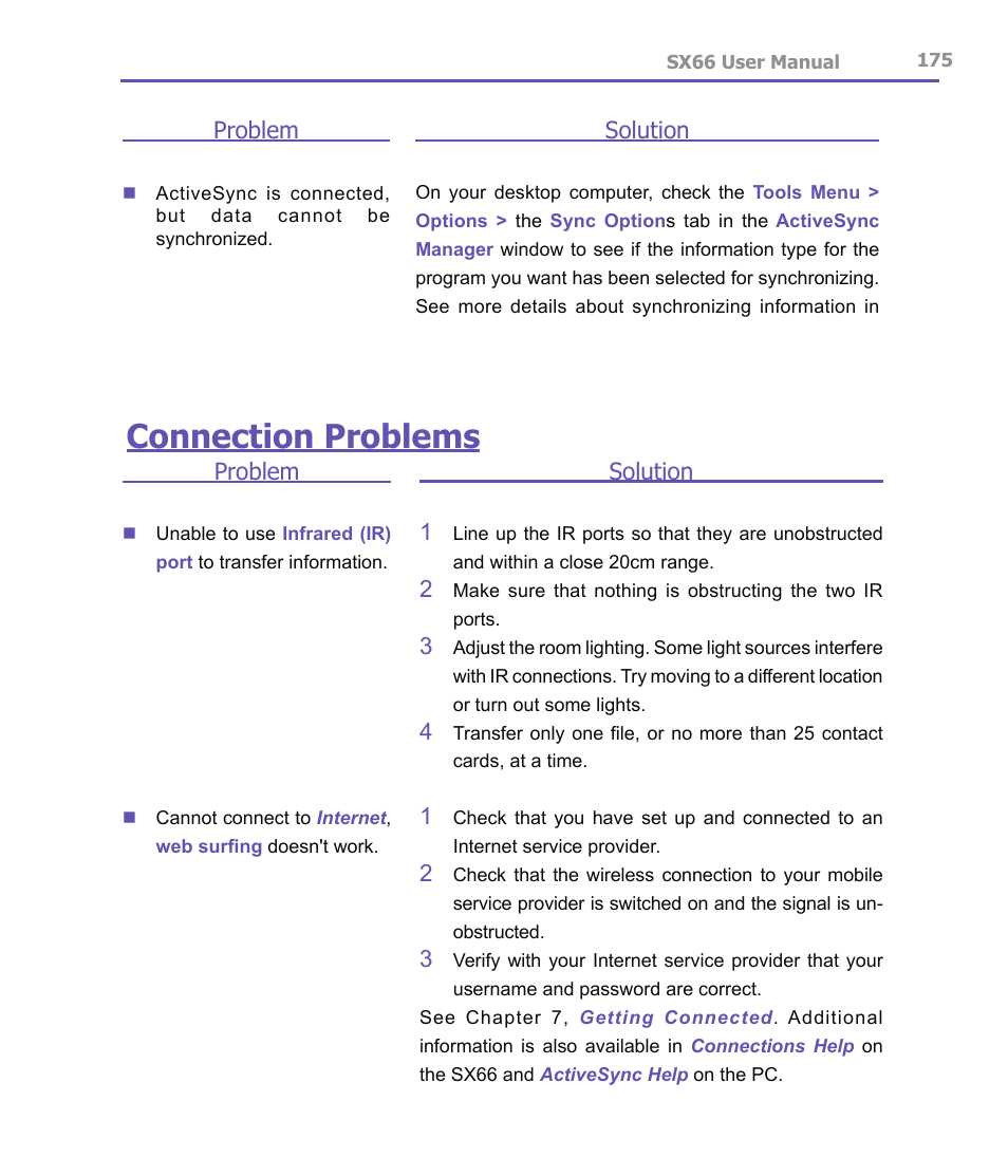 Connection problems, Problem, Solution 1 | Solution | Siemens SX66 User Manual | Page 175 / 179