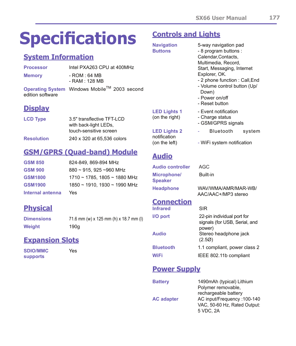 Specifications, System information, Display | Gsm/gprs (quad-band) module, Physical, Expansion slots, Controls and lights, Audio, Connection, Power supply | Siemens SX66 User Manual | Page 177 / 179