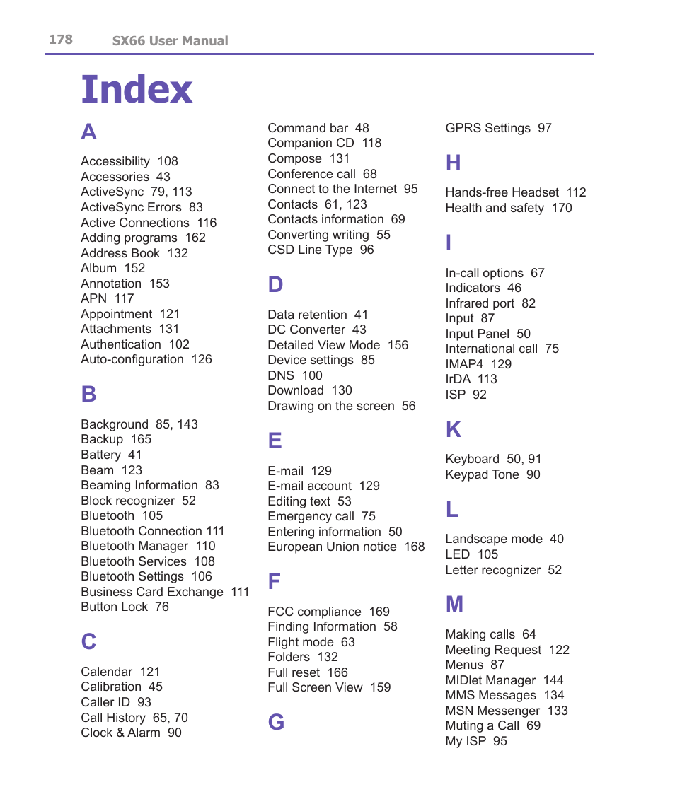 Index | Siemens SX66 User Manual | Page 178 / 179