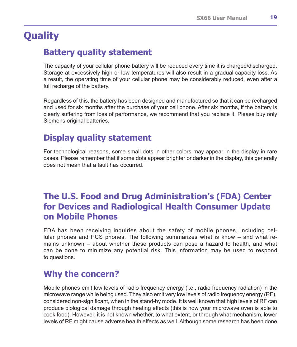 Quality, Battery quality statement, Display quality statement | Why the concern | Siemens SX66 User Manual | Page 19 / 179