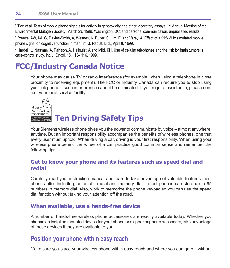 Fcc/industry canada notice, Ten driving safety tips, Position your phone within easy reach | When available, use a hands-free device | Siemens SX66 User Manual | Page 24 / 179