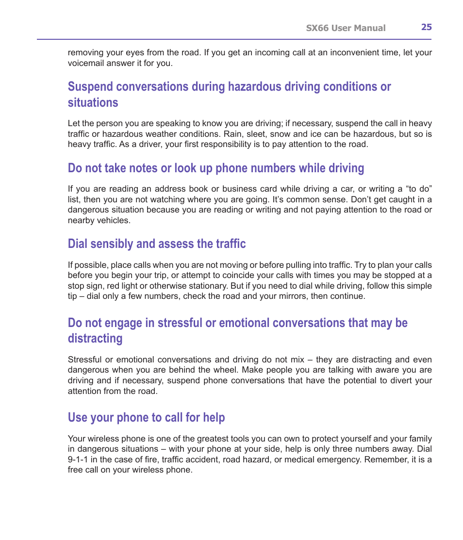 Dial sensibly and assess the traffic, Use your phone to call for help | Siemens SX66 User Manual | Page 25 / 179