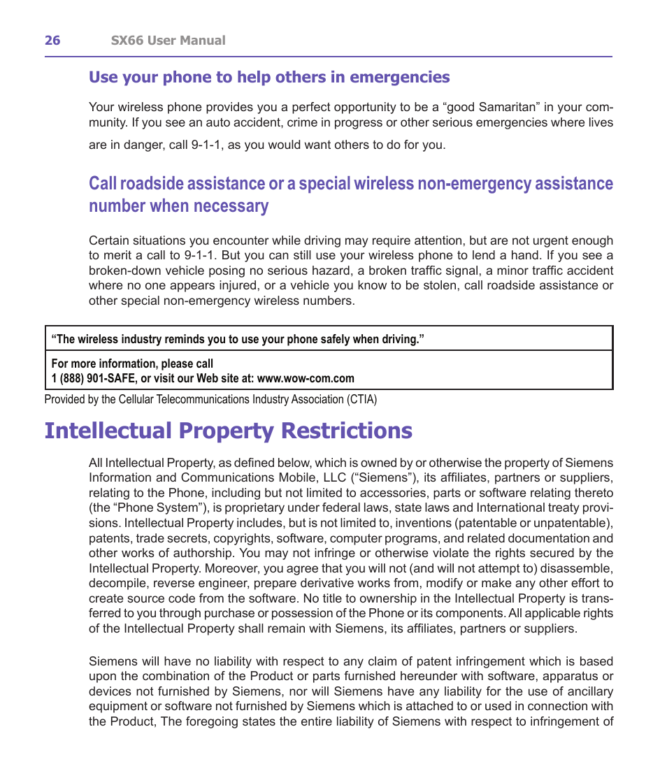 Intellectual property restrictions, Use your phone to help others in emergencies | Siemens SX66 User Manual | Page 26 / 179