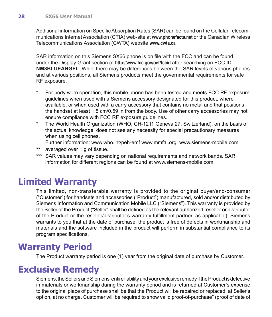 Limited warranty, Warranty period, Exclusive remedy | Siemens SX66 User Manual | Page 28 / 179