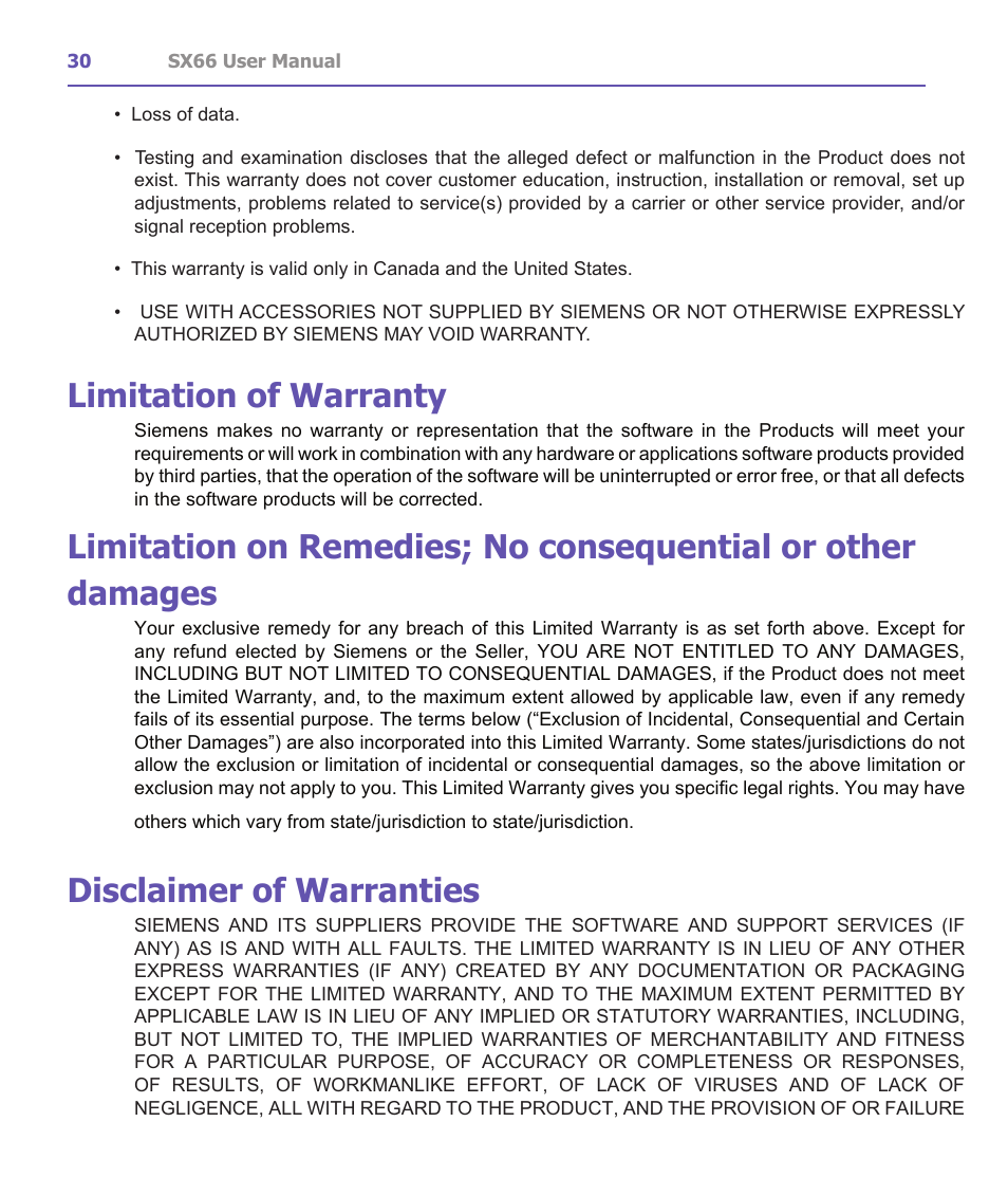 Limitation of warranty, Disclaimer of warranties | Siemens SX66 User Manual | Page 30 / 179