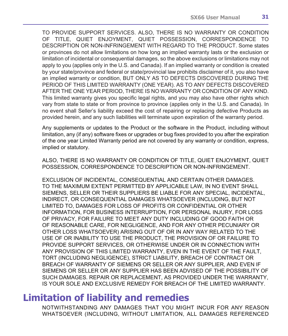 Limitation of liability and remedies | Siemens SX66 User Manual | Page 31 / 179