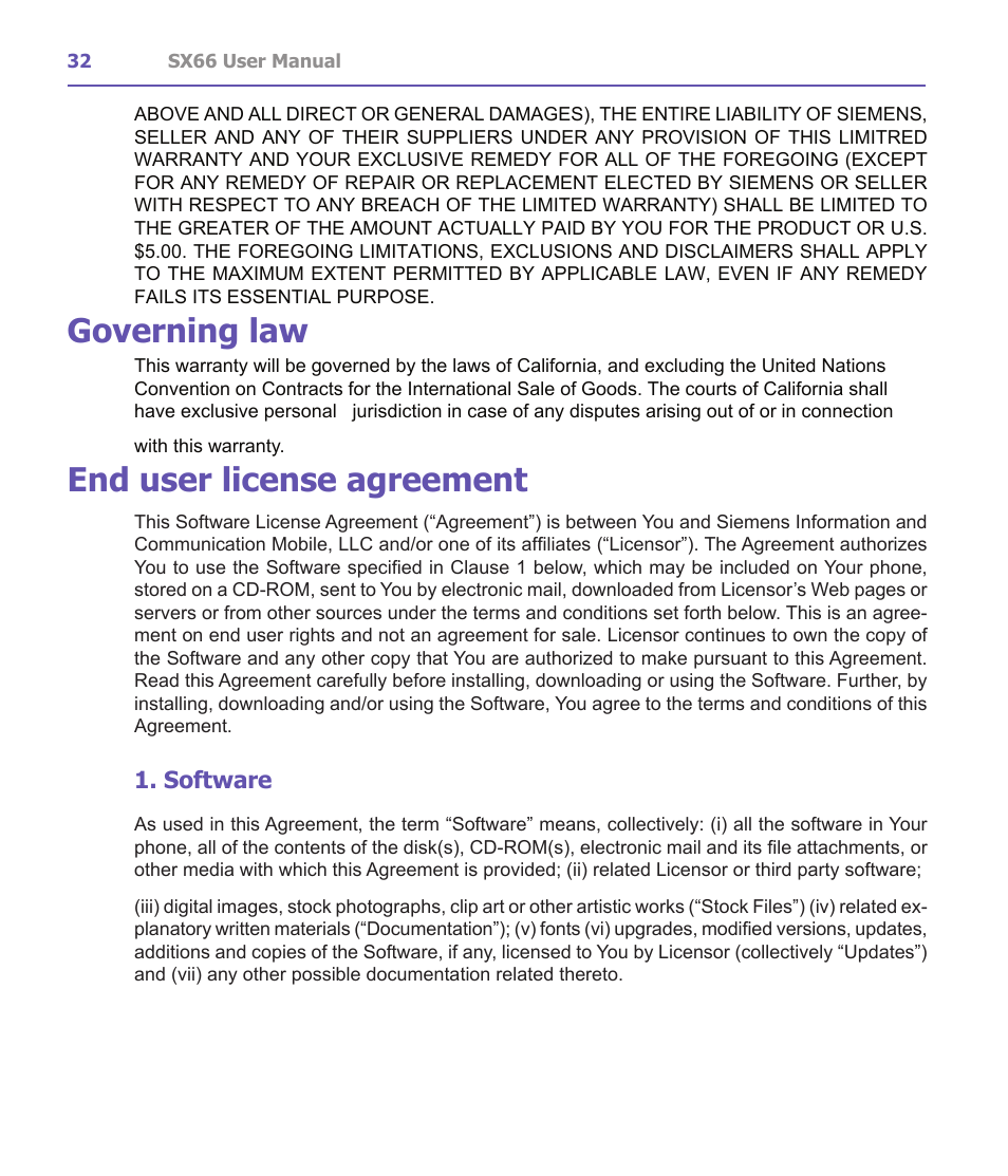 Governing law, End user license agreement, Software | Siemens SX66 User Manual | Page 32 / 179