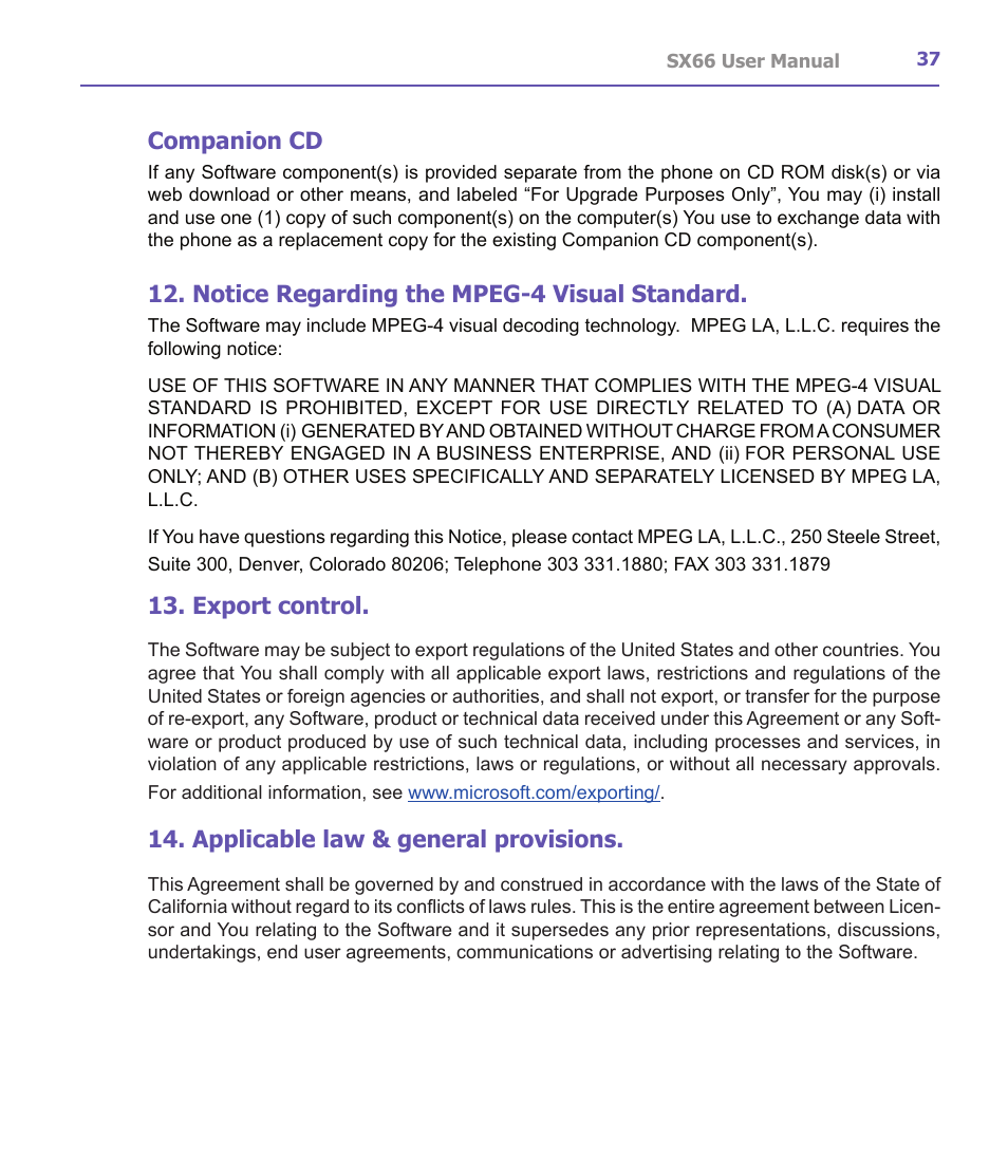 Companion cd, Notice regarding the mpeg-4 visual standard, Export control | Applicable law & general provisions | Siemens SX66 User Manual | Page 37 / 179