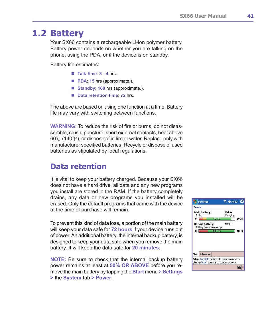 2 battery, Data retention | Siemens SX66 User Manual | Page 41 / 179