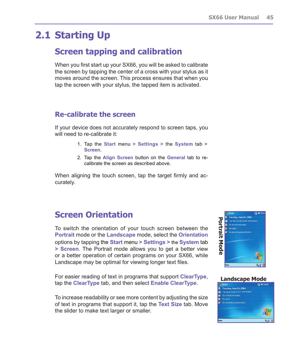 1 starting up, Screen tapping and calibration, Screen orientation | Re-calibrate the screen | Siemens SX66 User Manual | Page 45 / 179