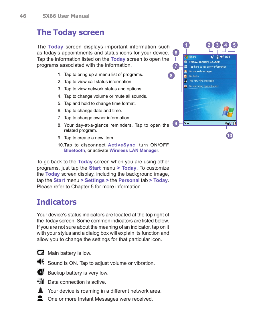 The today screen, Indicators | Siemens SX66 User Manual | Page 46 / 179