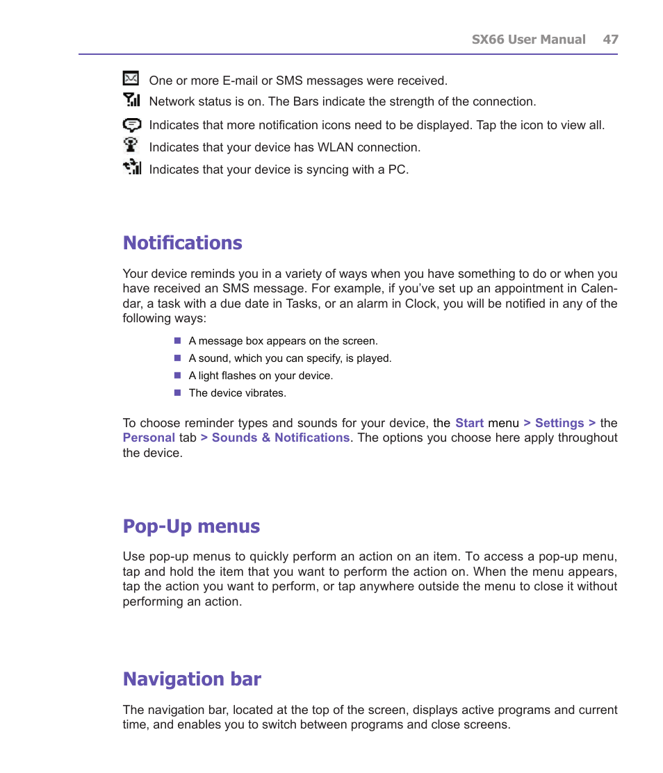 Notifications, Pop-up menus, Navigation bar | Siemens SX66 User Manual | Page 47 / 179